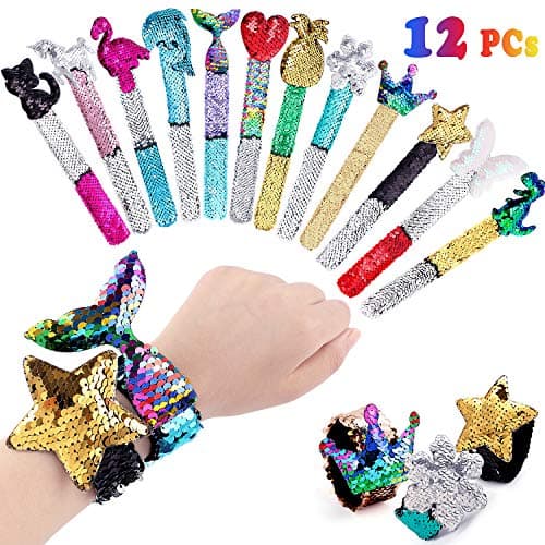 Qunan 12 Pcs Slap Bracelets for Girls Mermaid Bracelets 2-Color Sequin Reversible Glitter Kids Snap Bracelets Charms Wristband Little Mermaid Birthday Party Favors Bags Fillers Supplies
