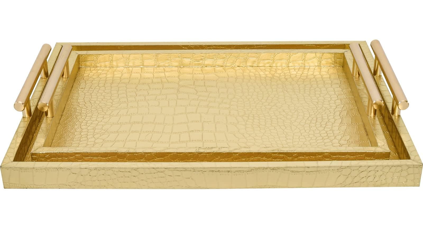 Set of 2 Modern Elegant Large Wood Serving Tray, Rectangle Decorative Tray Ottoman Tay Coffee Table Tray, Gold Crocodile Leather with Gold Polished Metal Handles