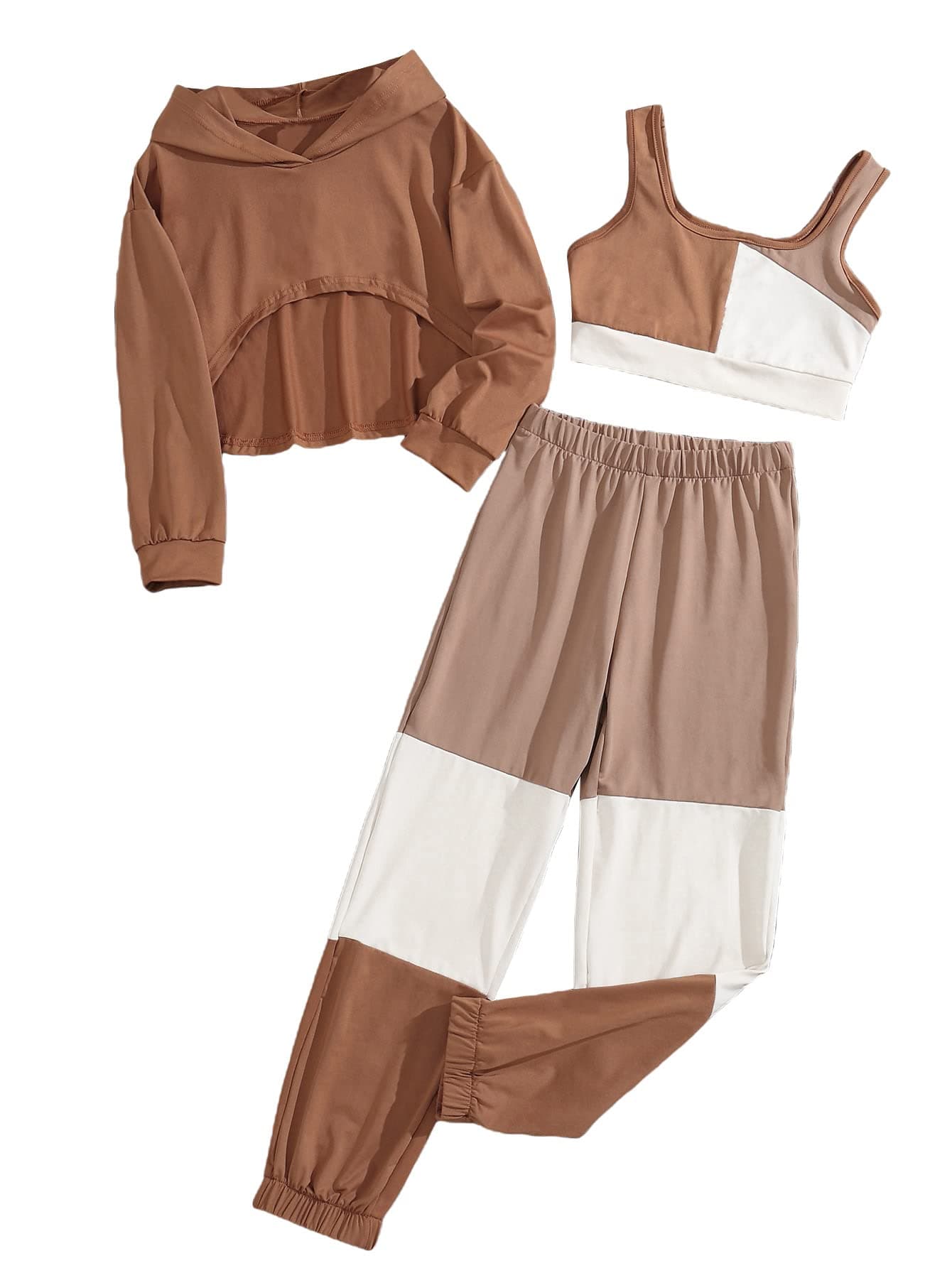 Girl's 3 Piece Outfits Colorblock Crop Tank Top and Sweatpants with Long Sleeve Hoodie