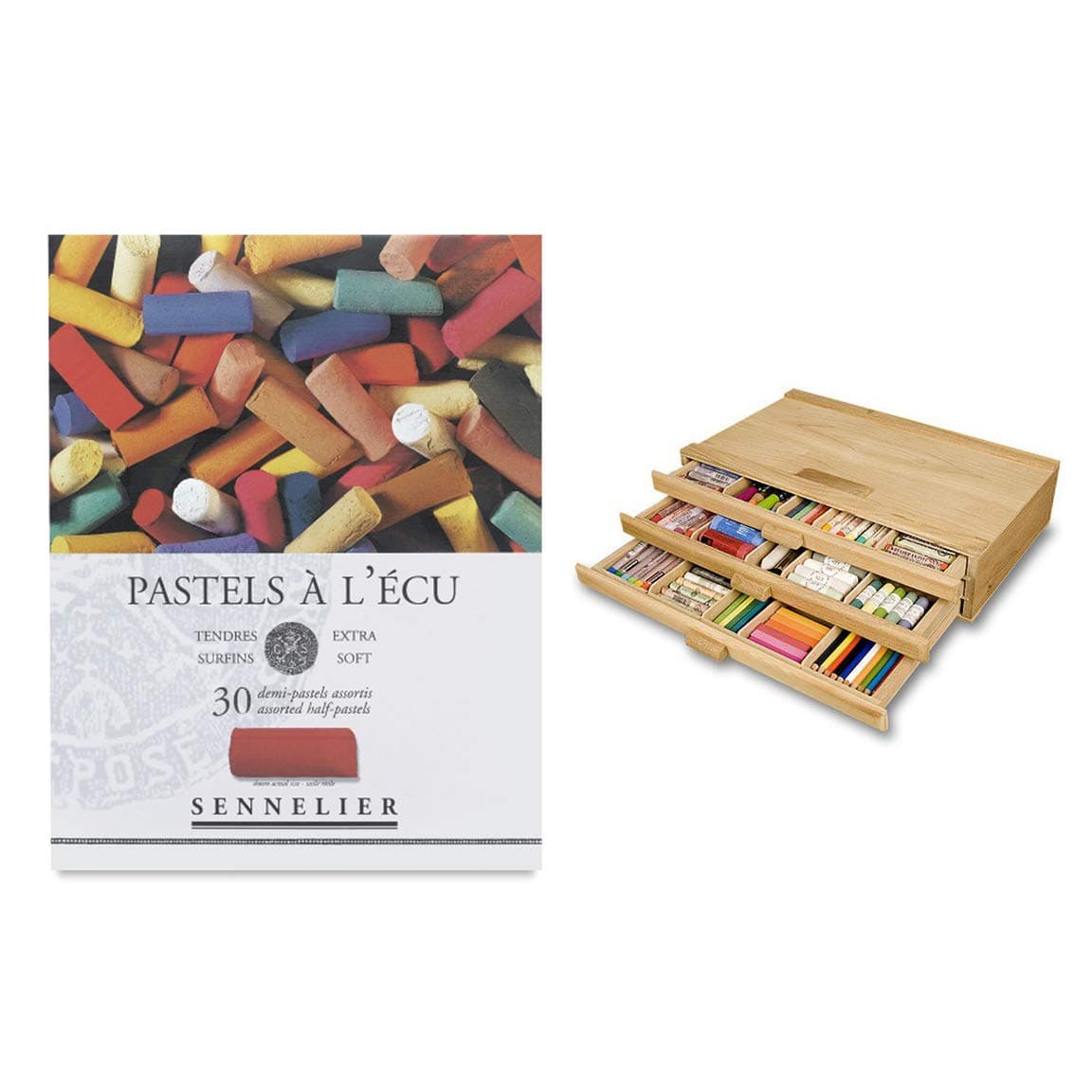 Sennelier Artist Pastel Set - Extra Soft Half Stick Pastels with High Vibrancy & Brightness w/ 3 Drawer Wood Storage Box - Assorted Colors - Set of 30