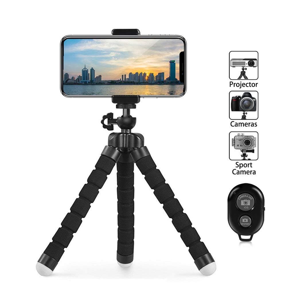 Gopro Tripod Stand,Octopus Lightweight Adjustable Camera Stand Phone Tripod Holder with Bluetooth Remote and Universal Clip Flexible iPhone Tripod (Black)