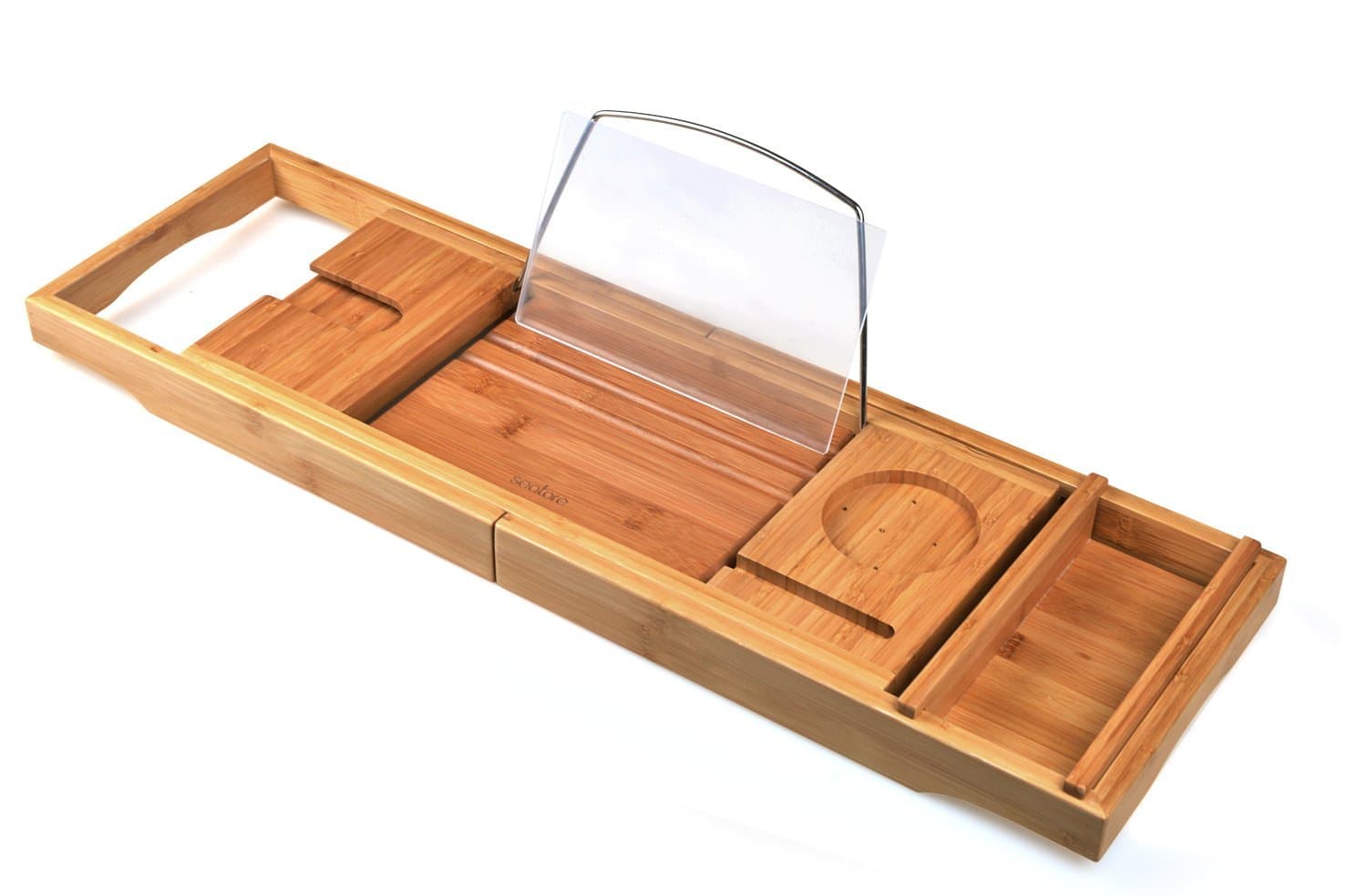 Bathtub Caddy, Luxury Bamboo Bathtub Caddy Tray with Extending Arms, Adjustable Book Holder and Cellphone Slot for Books, iPad, iPad Mini, iPhone