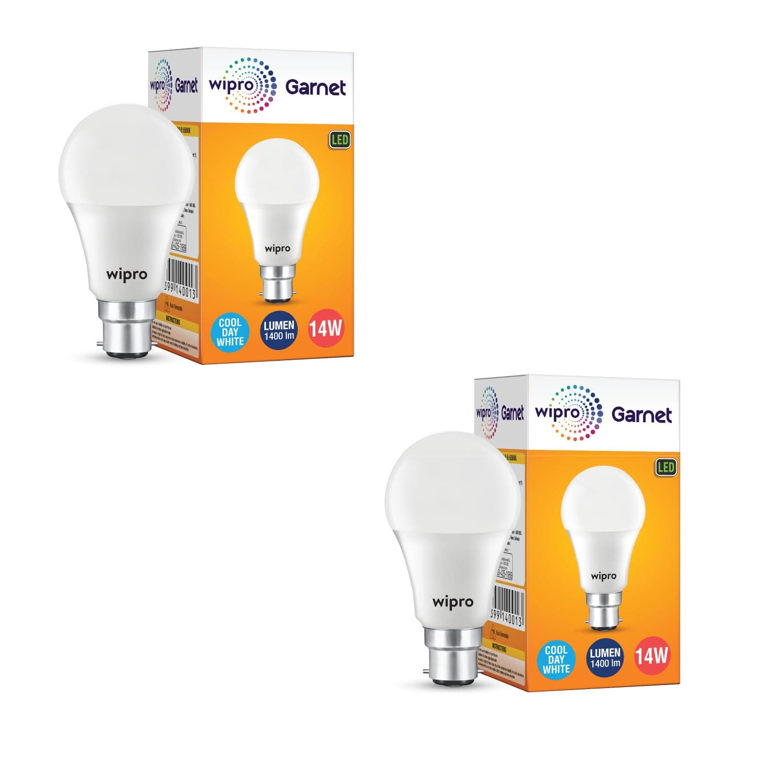 wipro Garnet 14W LED Bulb for Home & Office |Cool Day White (6500K) | B22 Base|220 Degree Light Coverage |4Kv Surge Protection |400V High Voltage Protection |Energy Efficient | Pack of 2