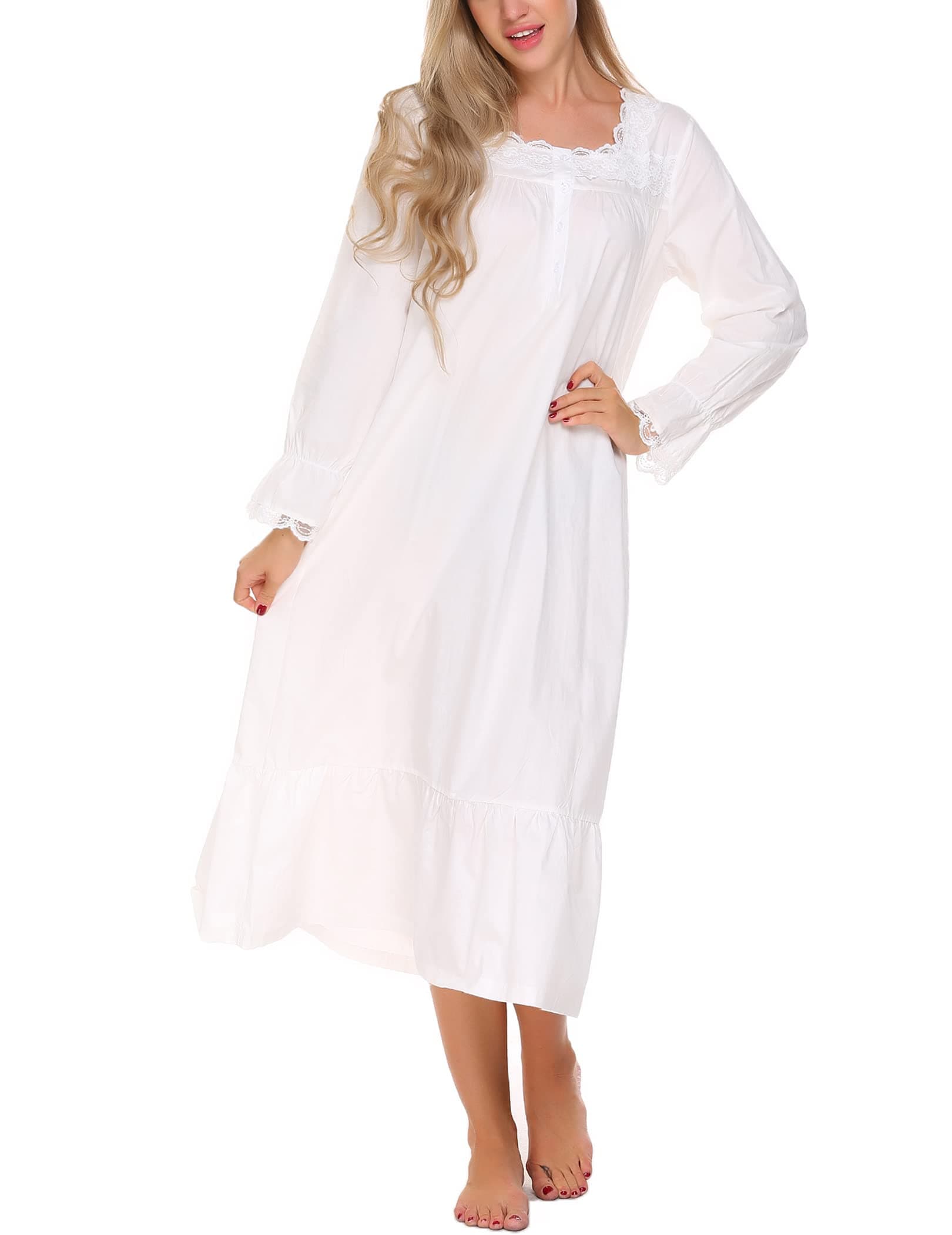 EkouaerVictorian Nightgown 100% Cotton Long Sleeve Vintage Old Fashioned Gown for Women
