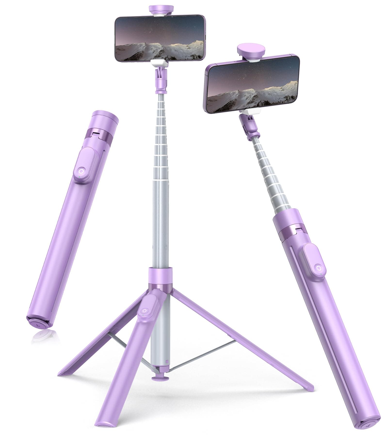 TONEOF 66" Automatic Tripod,Auto-Open Phone Tripod Stand with Magnetic Rechargable Remote,Selfie Stick Tripod 360° Vertical & Horizontal Rotatable,Stable Travel Tripod for iPhone/Android(Purple)