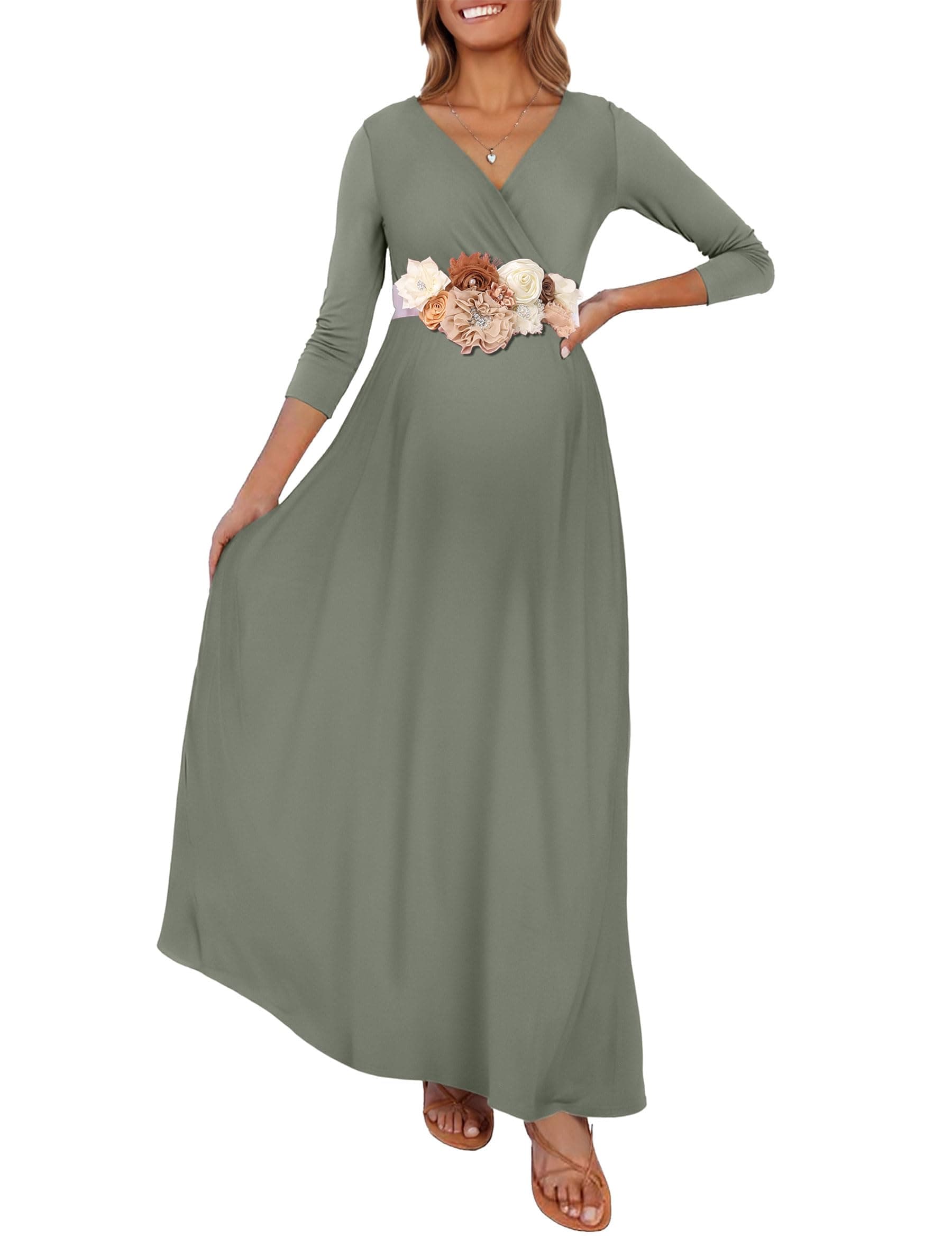 KIM S Maternity Maxi Dress with Flower Sash(S-3XL)/Wrapped Ruched V Neck Photoshoot Baby Shower Dresses