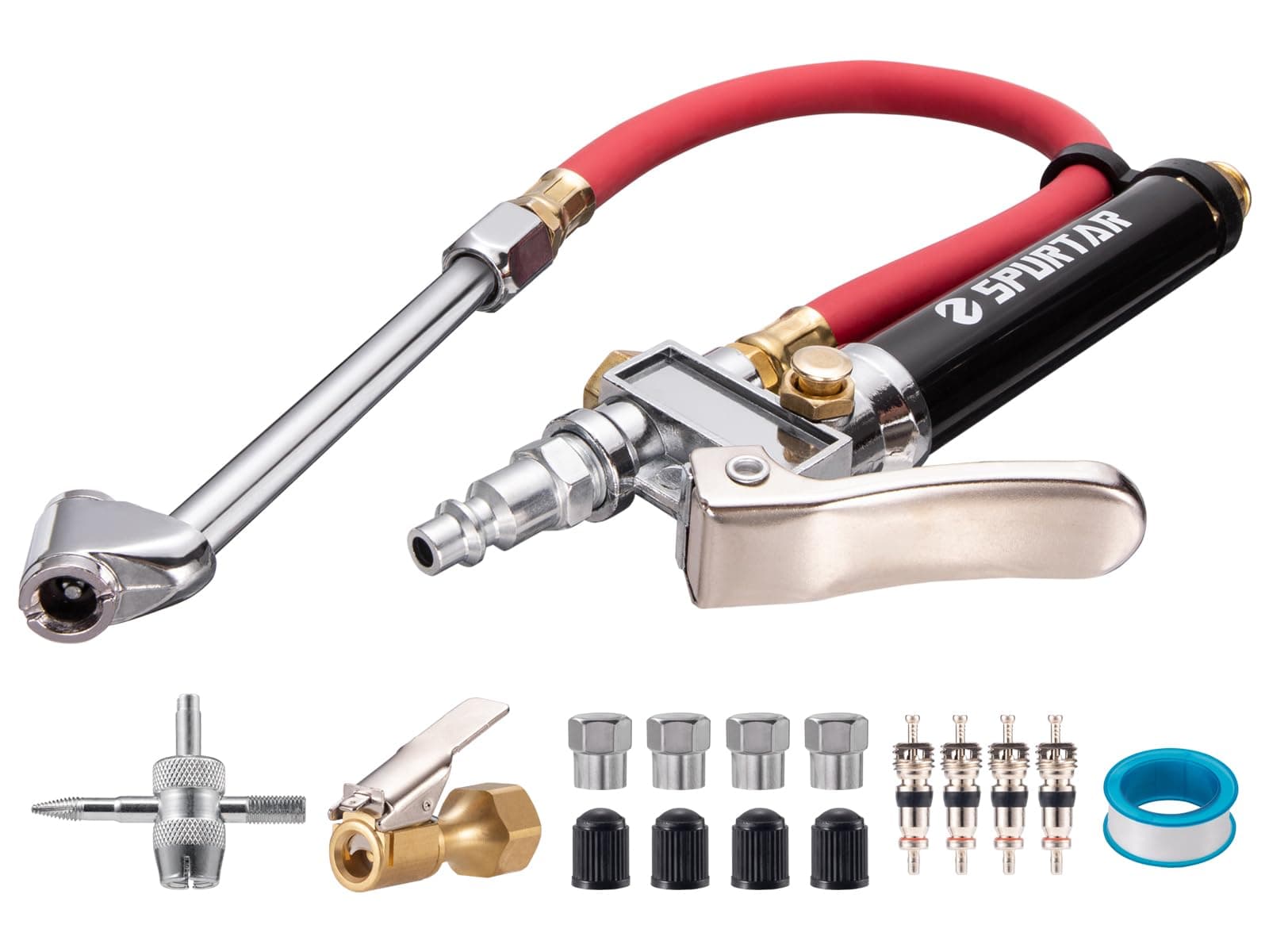 Spurtar 10-120 PSI Car Tire Inflator Gauge with 4 Way Tool and Valve Cores Automobiles Tire Pressure Gun with 12" Hose for Truck Motorcycle Bicycle