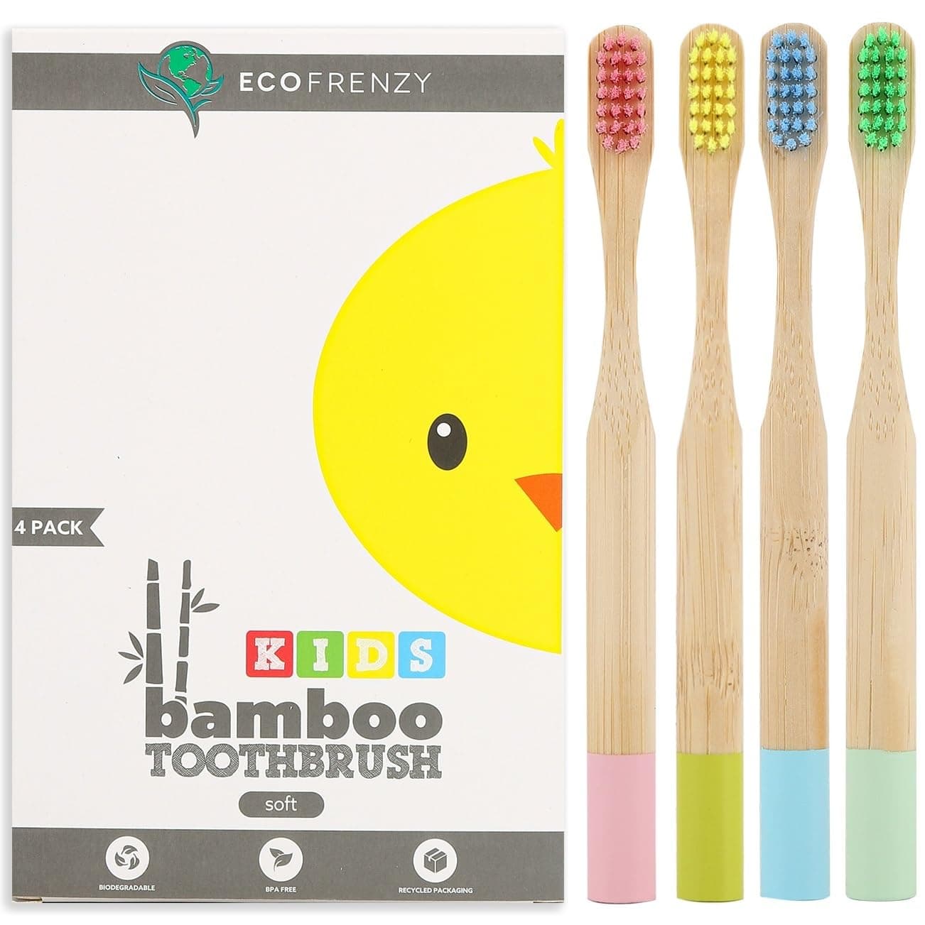 EcoFrenzy - Kids Bamboo Toothbrush - Child size Soft BPA Free Color Safe Bristles (4 pack)