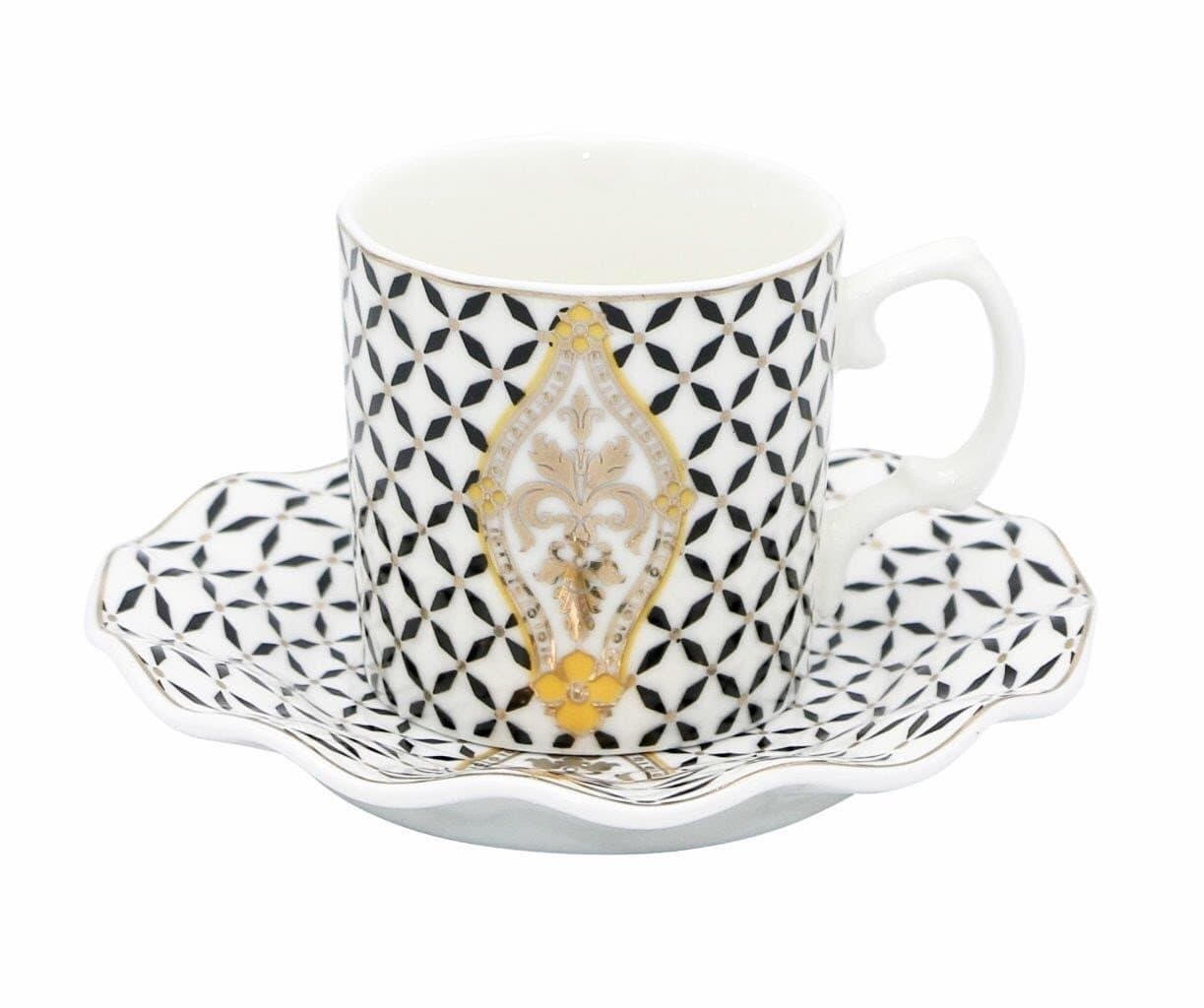 Porcelain Bone China Espresso Turkish Coffee Set of 6 Demitasse Cups + Saucers (Royal Flower Black)