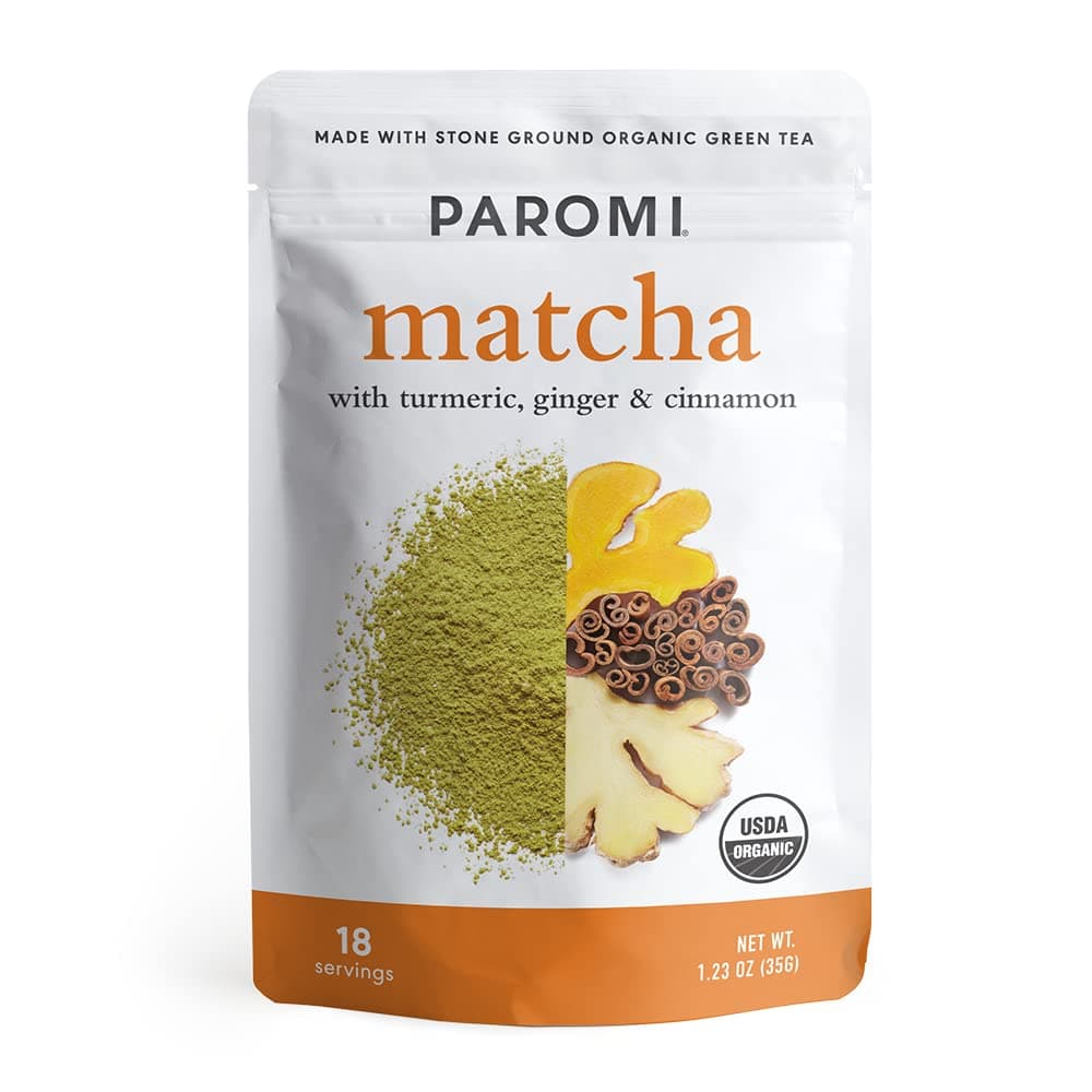 ParomiTea Matcha with Turmeric, Ginger & Cinnamon 35 Grams, Organic Stone-Ground Organic Green Tea, Serve Hot or Iced, Blend, Whisk, Stir, or Shake into Water or MilkUSDA Organic