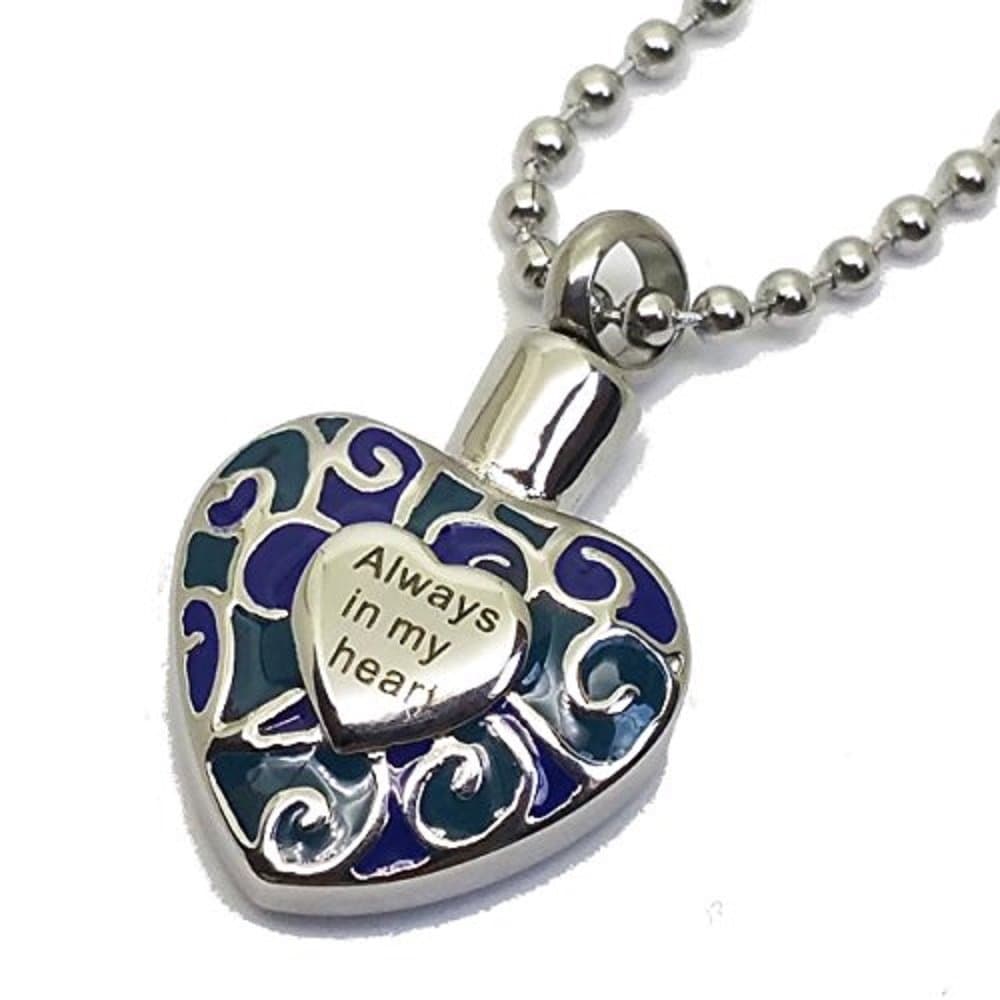 Cremation Jewelry for Ashes Always in My Heart Dark Navy Olive Green / Dark Blue Urn Necklaces Stainless Steel Pendant for Men and Women Dad Mom Funeral Day. Keepsake for Loved One