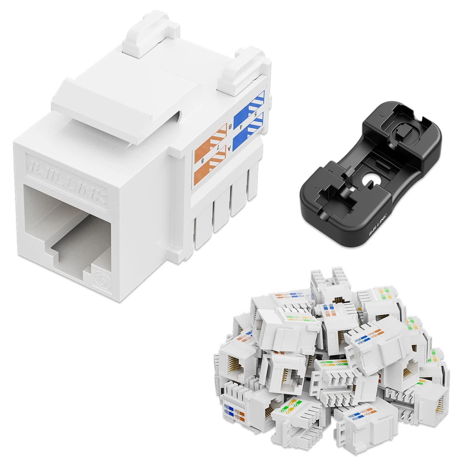 iwillink 10Gbps Cat6 Keystone Jack, RJ45 Keystone Jack 25-Pack and Keystone Punch-Down Stand, UTP Modular Ethernet Jack Insert 90-Degree, Punch Down Keystone Adapter, White