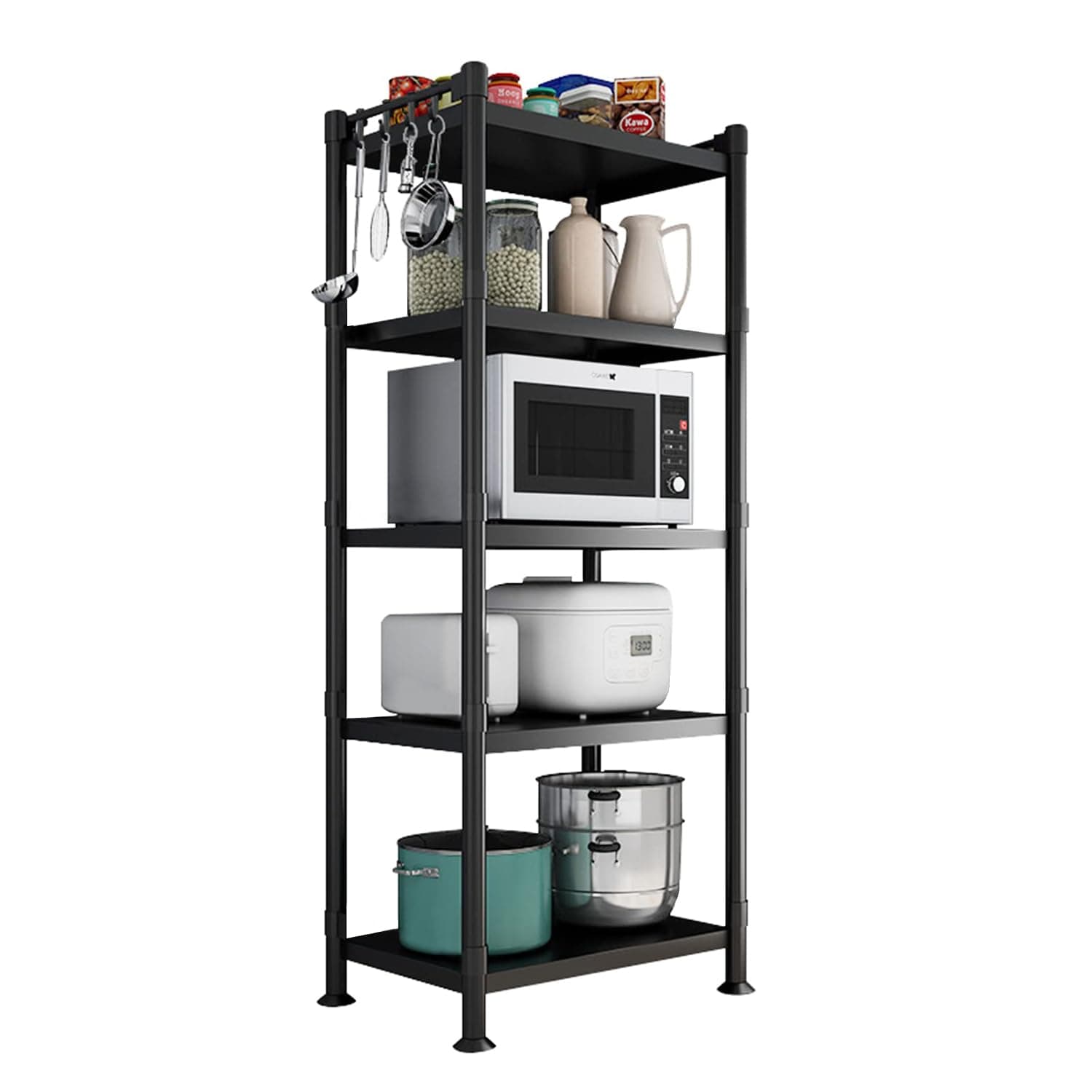 OMIRA 5-Tier Shelf Rack, Storage Shelf Display Rack For Kitchen Bathroom - Black, Adjustable, Stainless Steel, With Leveling Feet, Rolling Wheels, Shelves Hooks,160x55x35CM