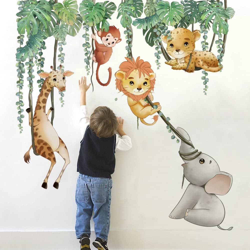 Runtoo Safari Animals Wall Decals Palm Leaves Giraffe Lion Elephant Wall Art Stickers for Kids Bedroom Nursery Home Decor