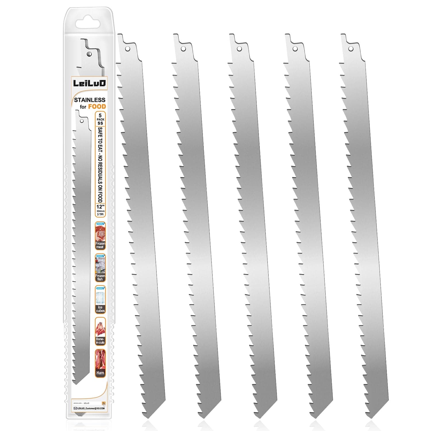 LEILUO 12-Inch Frozen Meat Bone Cutting Reciprocating Saw Blades 5 Piece Stainless Steel Sawzall Blades with Storage Box