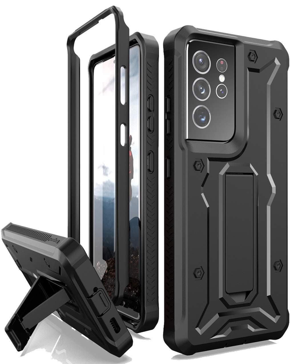 ArmadilloTek Vanguard Compatible with Samsung Galaxy S21 Ultra Case, Military Grade Full-Body Rugged with Built-in Kickstand [Screenless Version] - Black