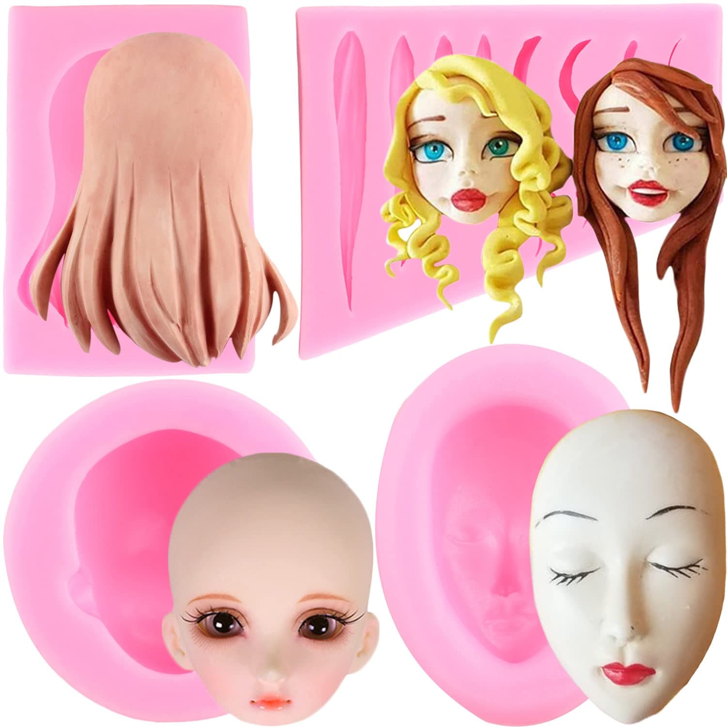 Mujiang 3D Human Face Silicone Molds Girl Face Doll Hair Fondant Molds For Cake Decorating Chocolate Candy Clay Set Of 4