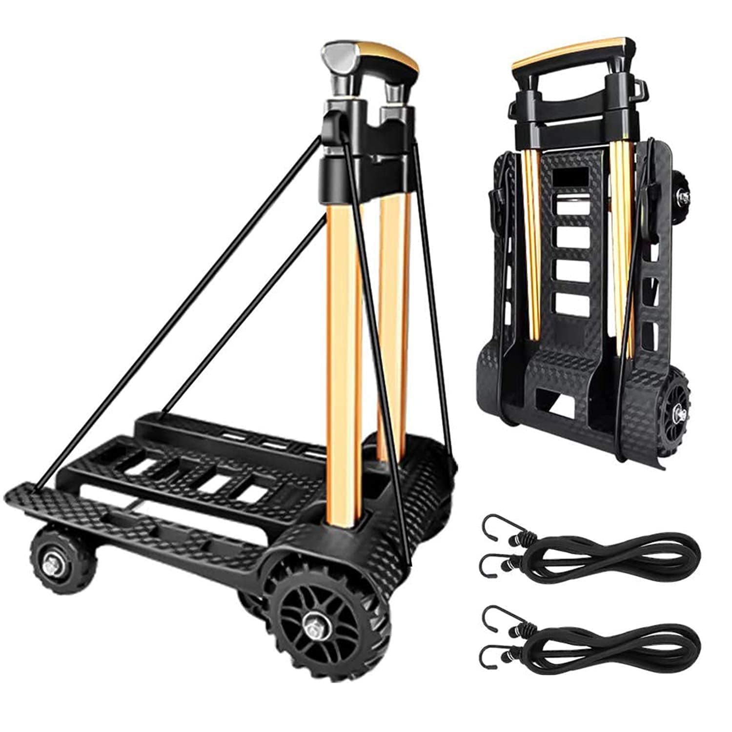 Folding Hand Truck, with Noiseless Wear-Resistant PU Tank Wheels and Adjustable Aluminum Alloy Drawbar, 60KG/132LBS Capacity and Lightweight(3.9LBS), Folding Portable Trolley Household (4 wheels)