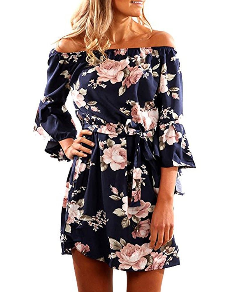 SVALIY Women Off Shoulder Ruffles Floral Tunic Casual Party Shift Short Dress