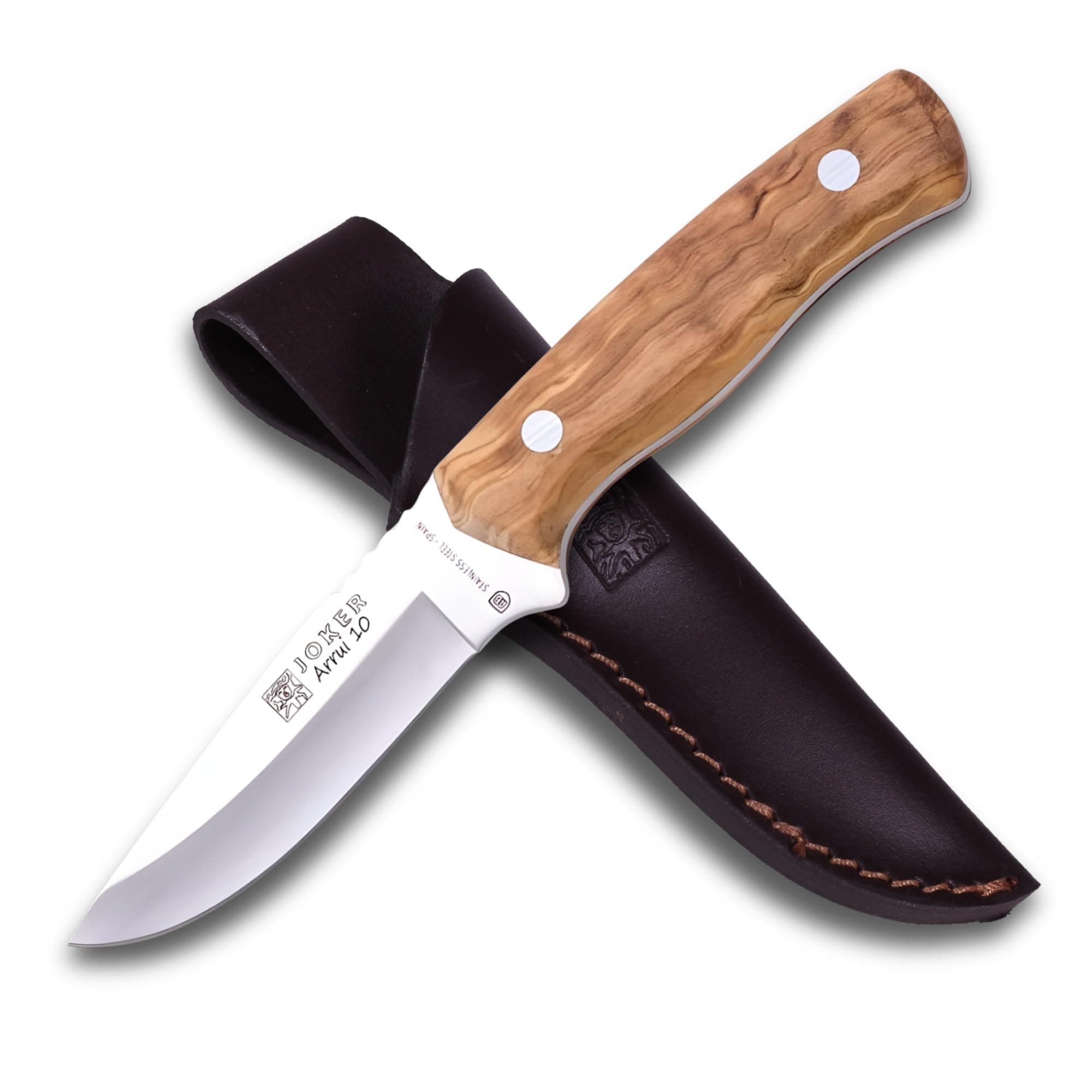 Joker Arrui Outdoor Knife - Full Tang Fixed Blade for Bushcraft and Hunting - 420 Stainless Steel & Olive Wood Handle - Includes Leather Sheath - Made in Spain (3.9")