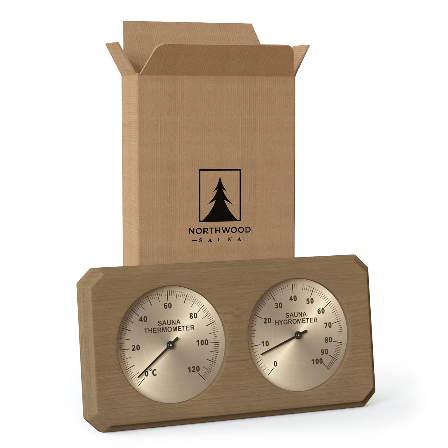NORTHWOOD Sauna Thermometer & Hygrometer 2 in 1 - Handmade from Canadian Cedar Wood - Luxurious Glass and Golden Metal Dials