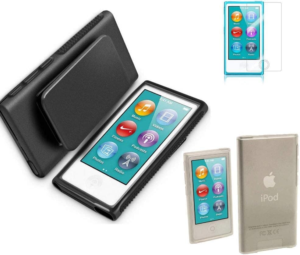 for Apple iPod Nano 7 Case, Belt Clip TPU Rubber Gel Soft Skin Case Cover for Apple iPod Nano 7th Generation 7G 7 + Clear Soft TPU Skin Case Cover (Black)