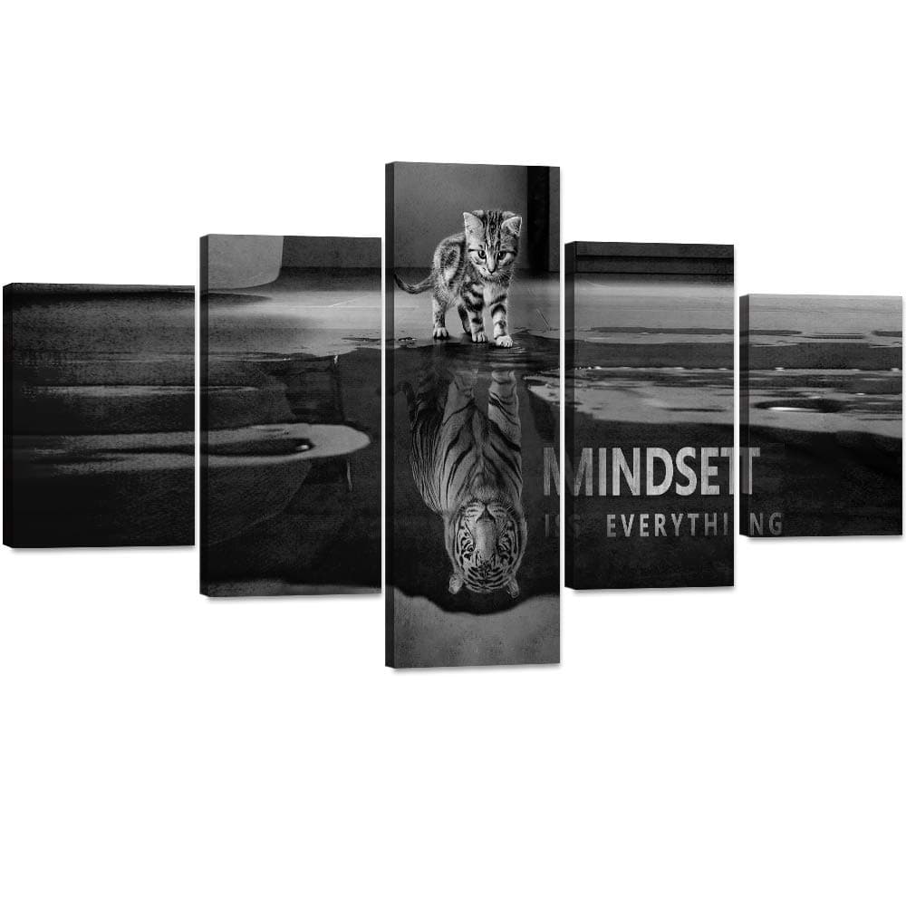MINDSET IS EVERYTHING Pictures Cat Canvas Print 5 Piece Wall Art Tiger Animal Poster Painting Modern Inspiring Artwork Wooden Decor for Living Room Bedroom Office Home Decor Framed (70''W x 40''H)