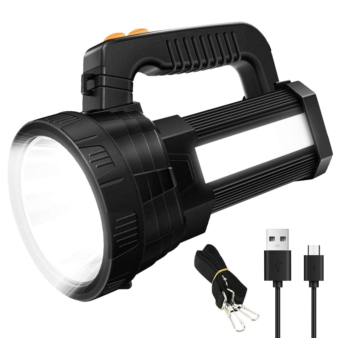 ERAY Rechargeable Torches LED Super Bright, 9600mAh Portable Searchlight 10000 Lumen Hand Torch Light with USB Cable/Shoulder Strap, Flashlight Spotlight Long Range for Outdoor Camping Hiking