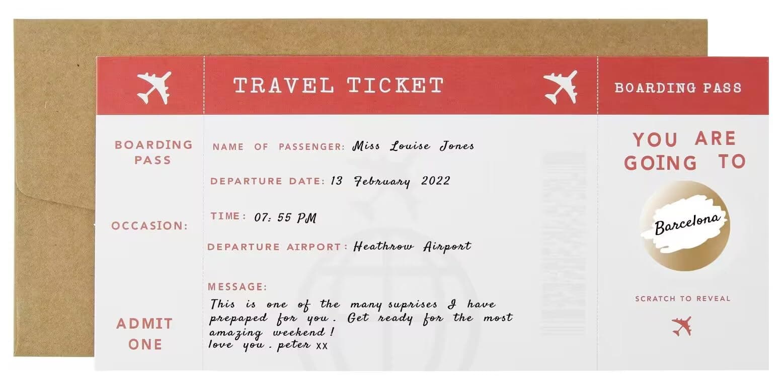 CJ&MPersonalised Aeroplane Scratch Boarding Pass, Surprise Holiday, Vacation, Birthday Gift, Faux Fake Boarding Pass, Surprise Travel Reveal, White
