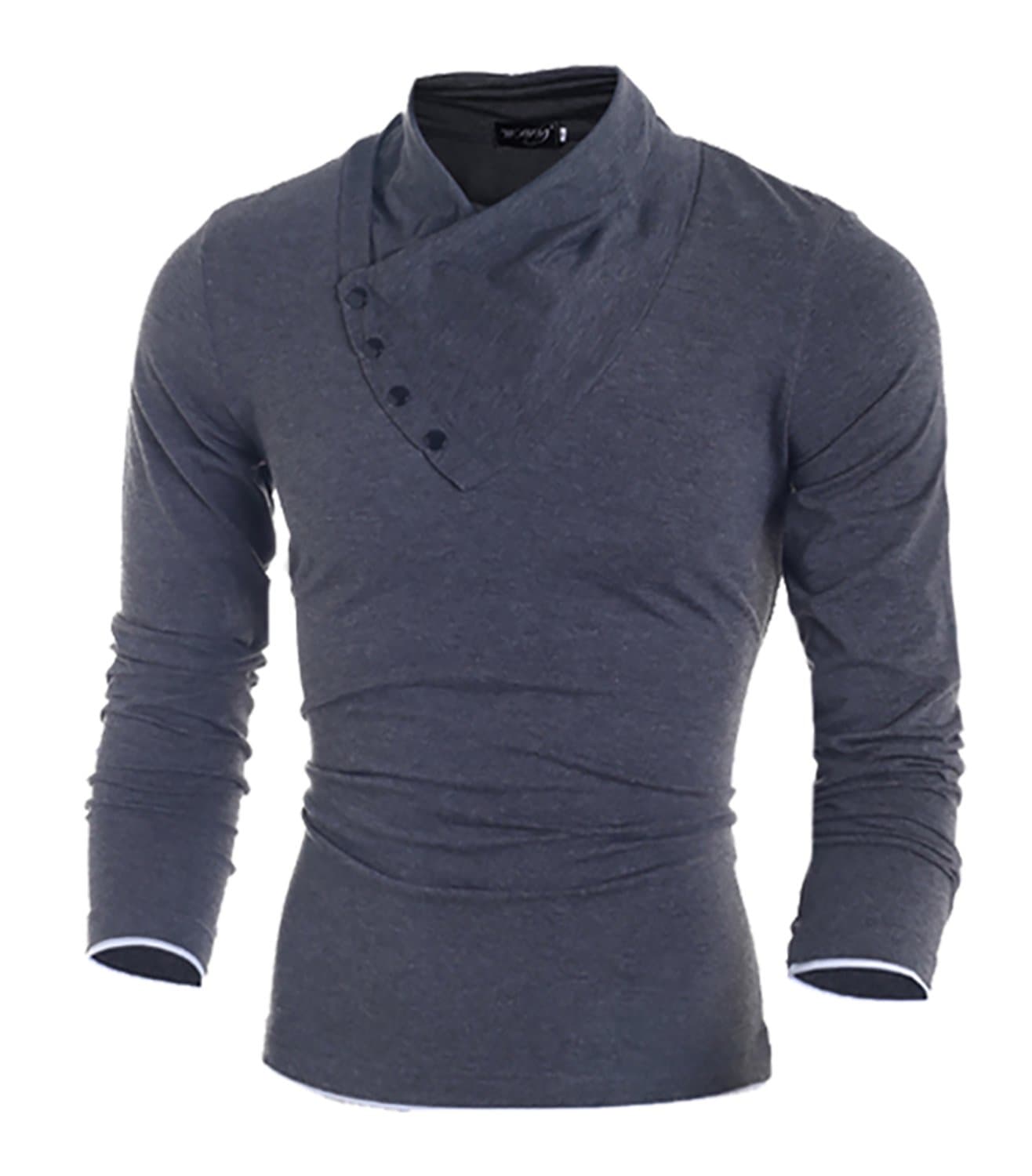 Elen Men's Long-Sleeve Button Collar T-Shirt (Large, Deep Gray)