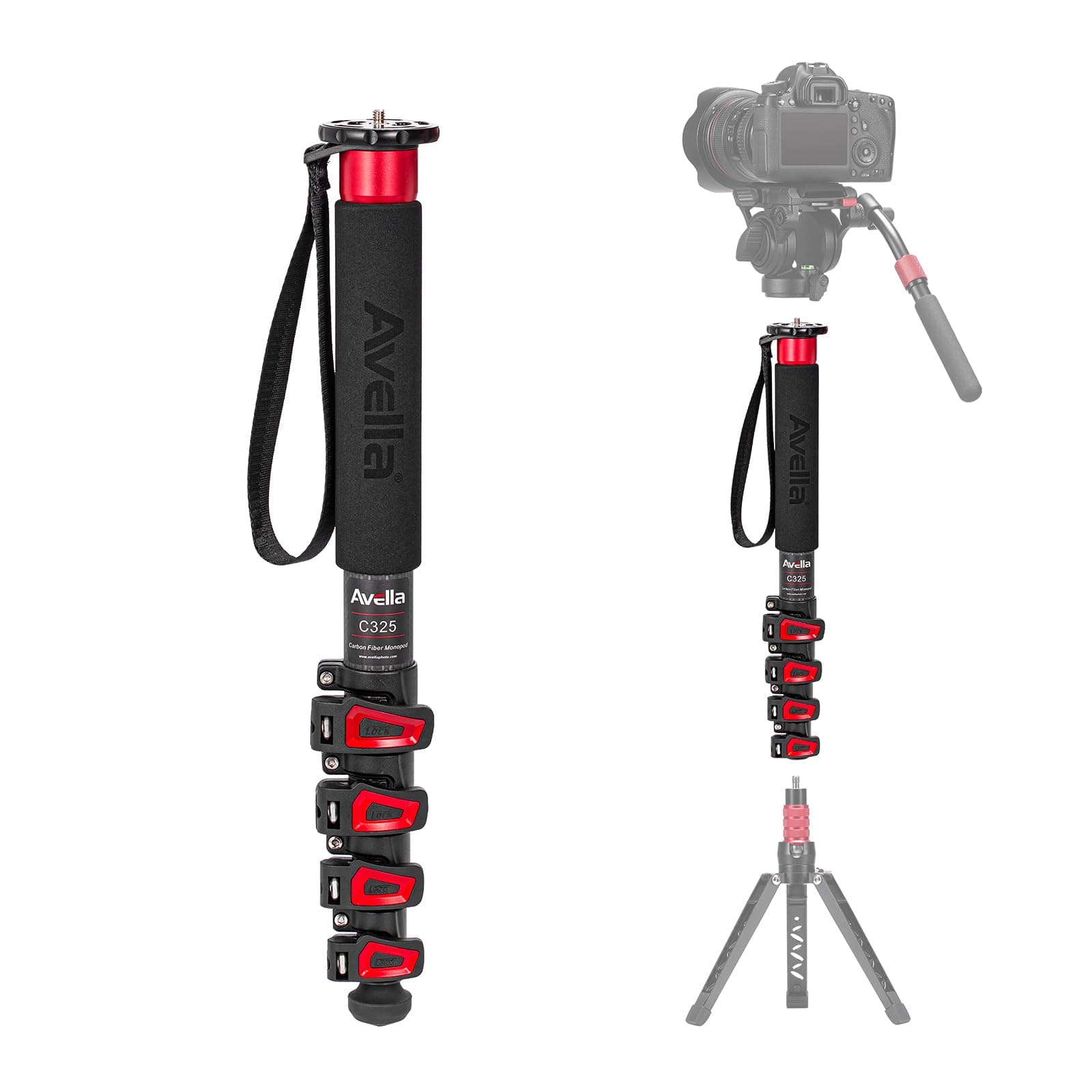 Avella C325 58 Inch Carbon Fiber Camera Monopod Professional Telescopic Monopods for Canon Nikon Sony Olympus Panasonic DSLR Camera Black