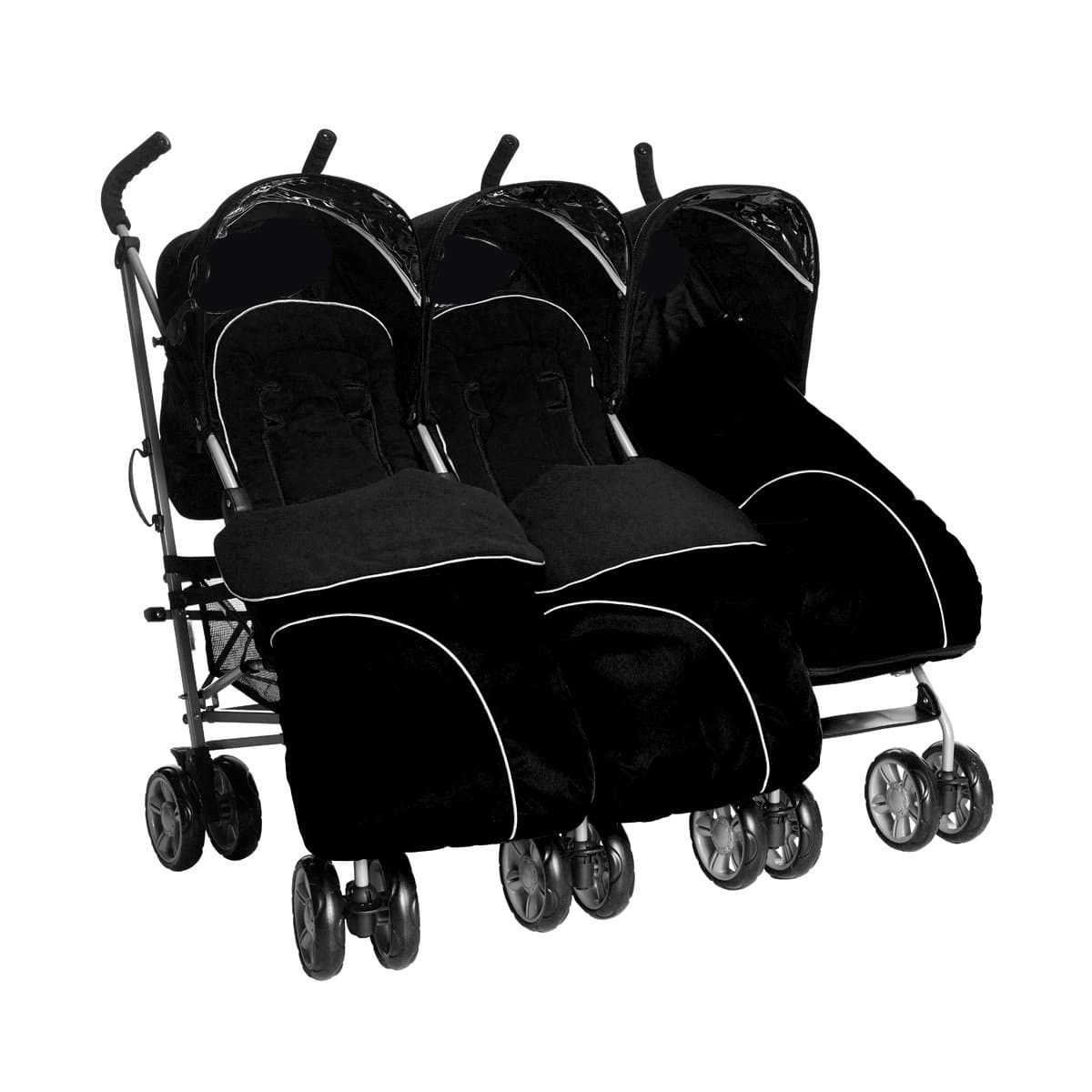 Kids Kargo Triple Pushchair With Raincover & Safety Strap Reflector Strips. Includes 3 Black Footmuffs