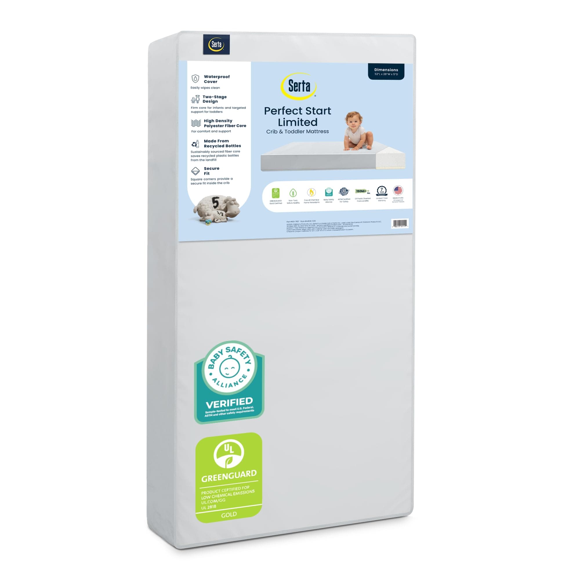 Serta Perfect Start Limited Dual Sided Baby Crib Mattress and Toddler Mattress, Breathable Fiber Core, GREENGUARD Gold Certified, Waterproof, 7 Year Warranty, Made in USA