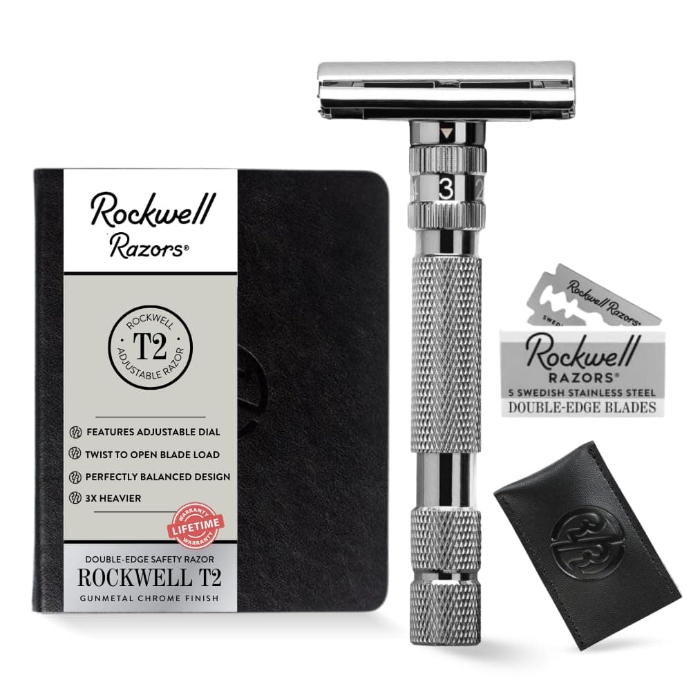 ROCKWELL T2 Adjustable Twist-to-Open Safety Razor for Men & Women | Eco-Friendly & Reusable Shaving Razor | 5 Double Edge Razor Blades made of Pure Swedish Stainless Steel (Gunmetal Chrome)