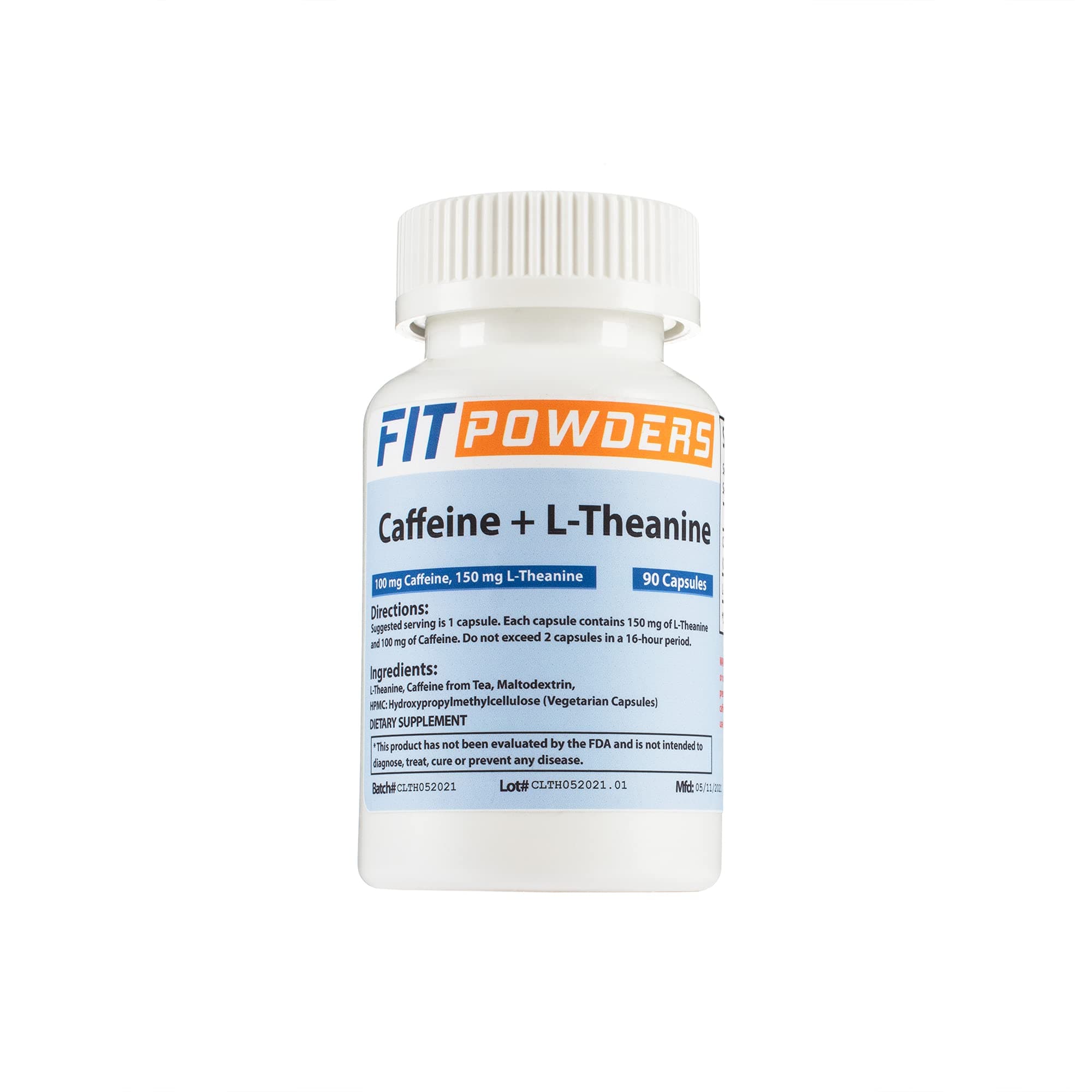 Natural Caffeine and L-Theanine Capsules 90 Count Pills (100 mg Caffeine, 150 mg L-Theanine) Energy Stack Supplement by FitPowders