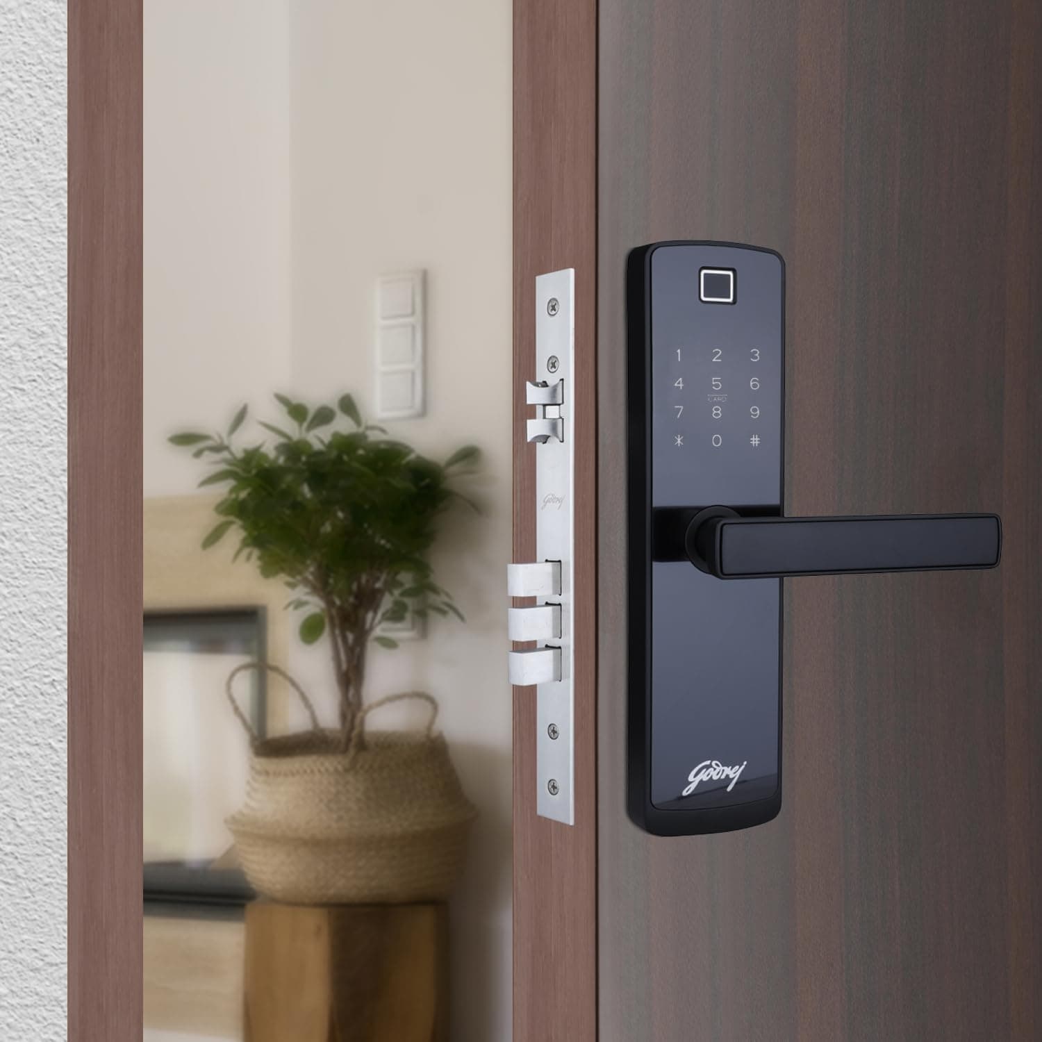 Godrej Smart Lock I Catus Connect I Digital Lock for Wooden Door |5 in 1 Access IWiFi I Fingerprint I RFID Card I PIN Access I Mechanical KeyI 3 Dead Bolts I Black I 3 Yrs Warranty| Free Installation