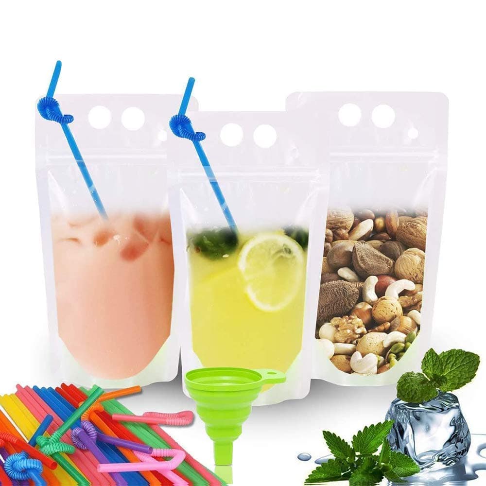 100 PCS Drink Pouches Bags Clear Translucent Stand-Up Zipper Plastic Pouches Bags with 100 Drink Straws (with LOGO)