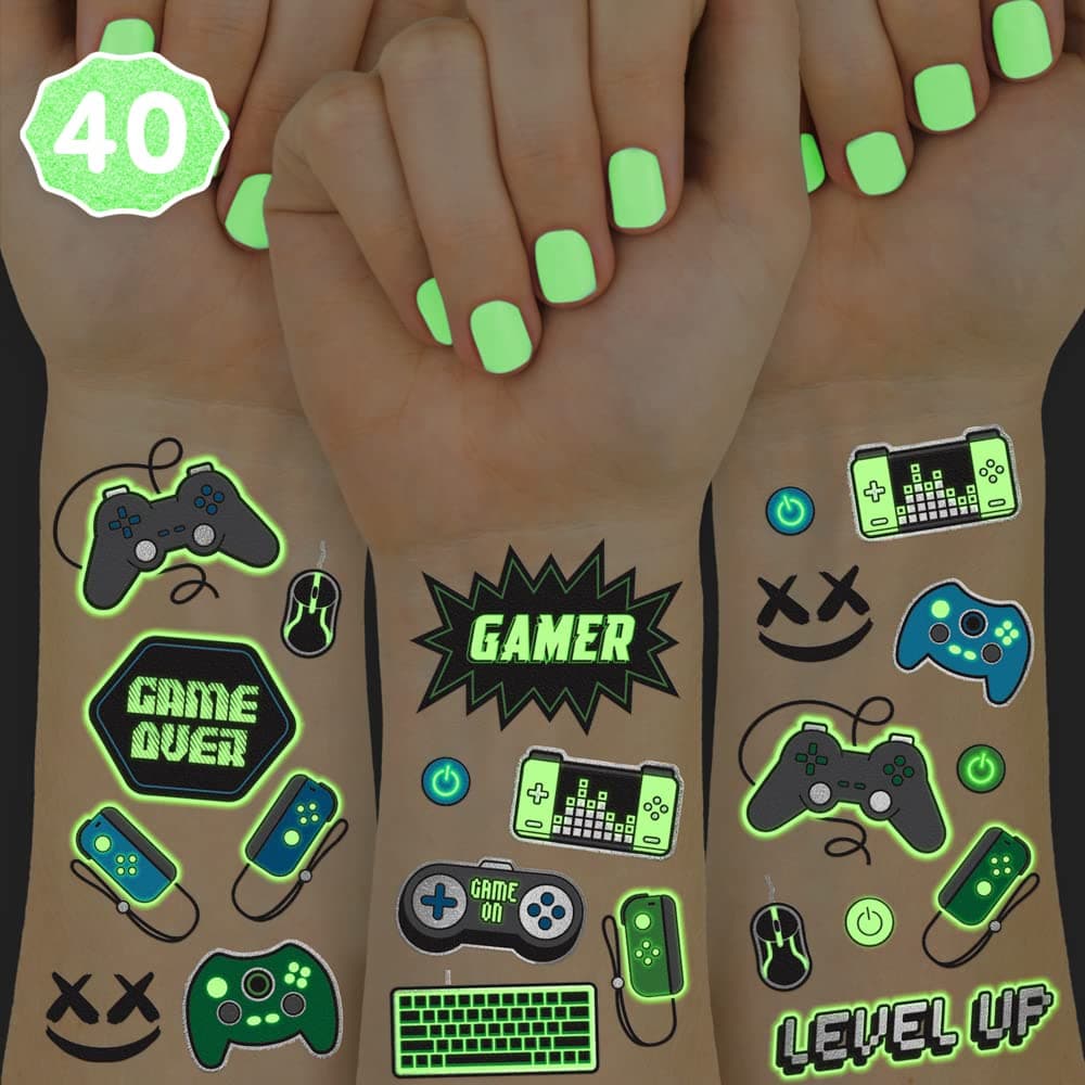 Video Game Party Supplies Temporary Tattoos - 40 Glow in the Dark Styles | Videogame Birthday Favors, Decorations, Controller, Computer Keyboard, Gamer, Arcade