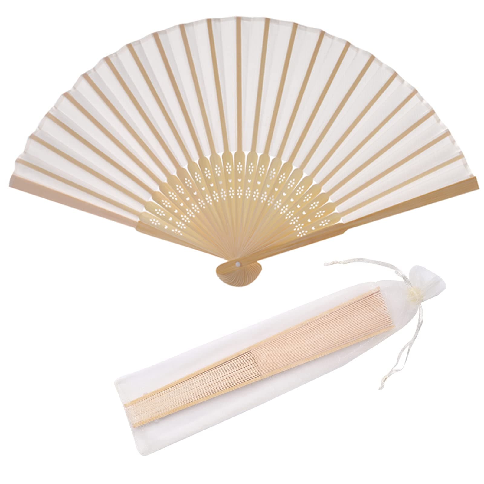 SL crafts 24pcs Imitated Silk Hand Fan Imitated Silk Fabric Bamboo Handheld Folded Fan Bridal Dancing Props Church Wedding Party Favors with Organza Bags (Cream)
