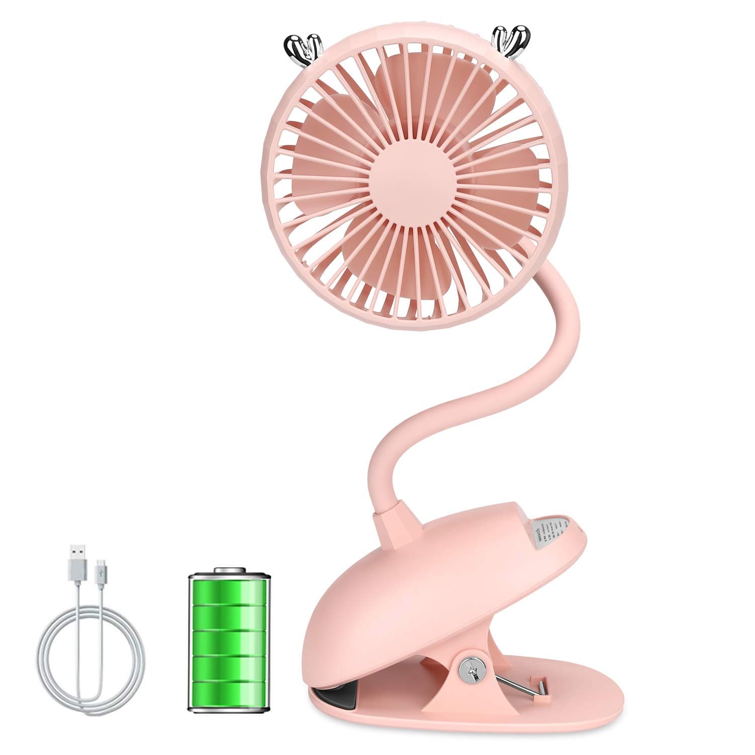 Portable Clip On Stroller Fan, Flexible Neck Bendable USB Fan Rechargable Battery Operated, Cute Fawn Mini Quiet Fan for Car, Desktop, Home, Office, Outdoor, Indoor (Pink)