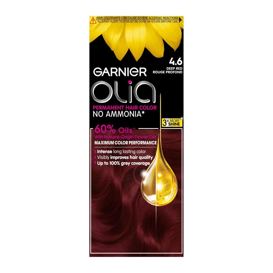 Garnier Permanent Hair Dye, Intense, Long-lasting Colour, Up to 100% Grey Hair Coverage, No Ammonia, 60% Oils, Olia, 4.6 Deep Red