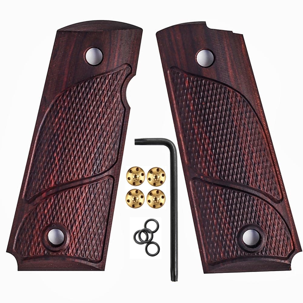 1911 Rosewood Grips, Compact/Officer/Kimber Ultra Carry ii, Gold Pistol Screws Included, Checker Diamond Cut, Ambi Safety Cut, 1/4" Thin