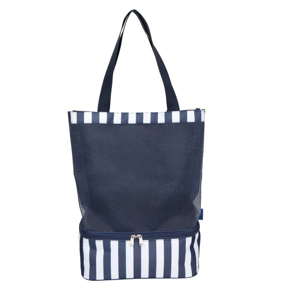 Beach Bag Mesh Beach Cooler Tote Bag Navy Stripe Insulated Lunch Bag 2 Compartments Zip Closure Picnic Cooler Bag