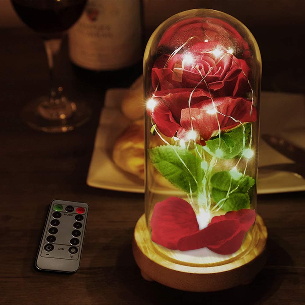 DABAOZA Beauty and The Beast Rose, Forever Enchanted Rose Lamp with 8 Modes of LED Light, Red Silk Artificial Roses in Glass Dome for Office, Home Decoration, Gift for Valentine's Day, Mother's Day