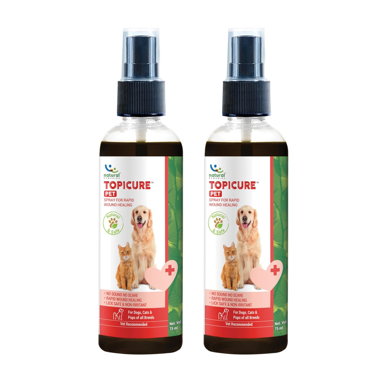 Natural Remedies Topicure Pet Wound Healing Spray, Lick Safe & Non-Irritant, Natural Ingredients, No Sound, No Scare for Dogs and Cats of All Breeds, Natural and Safe, 75ml (Pack of 2)
