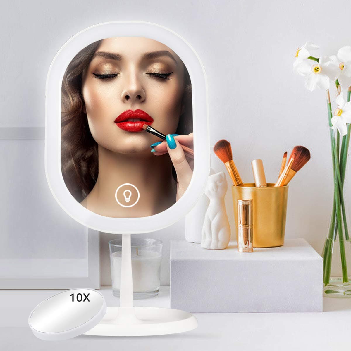 Juhefa LED Lighted Makeup Mirror with 10X Magnifying Mirror, [Rechargeable] Portable Vanity Mirror with Lights,Cosmetic Mirror with Touch Sensor Dimming,180 Degrees Free Rotation