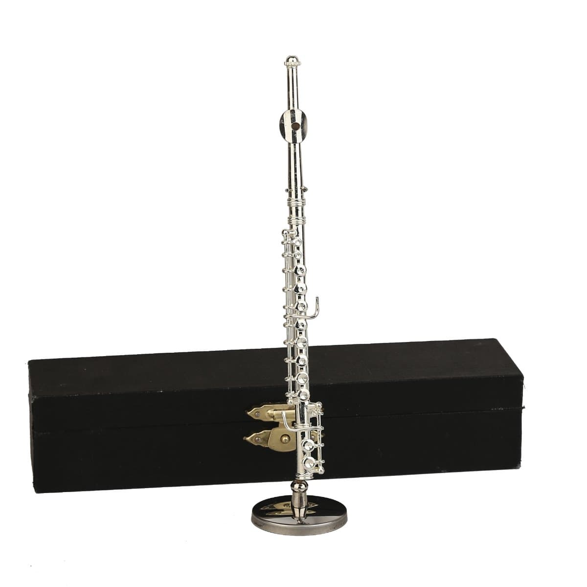 Miniature Flute with Stand and Case Brass Mini Musical Instrument Replica Collectible Figurines Dollhouse Accessories Model Home Decorations Display Ornaments (5.39" Silver Flute)