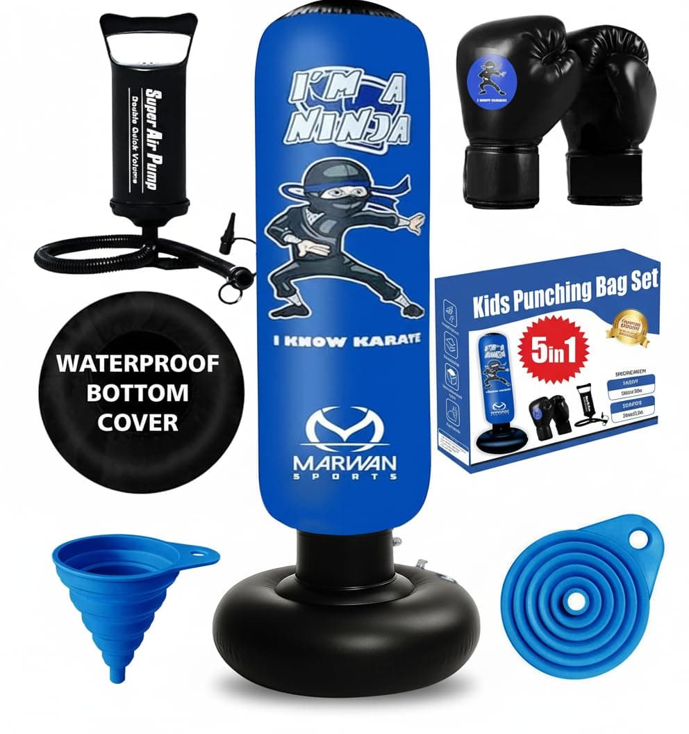 Marwan Sports Punching Bag for Kids with Boxing Gloves Ages 4-12 – 63" Inflatable Boxing Bag for Kids, Fast Rebound Set, Christmas & Birthday Gift for Boys & Girls