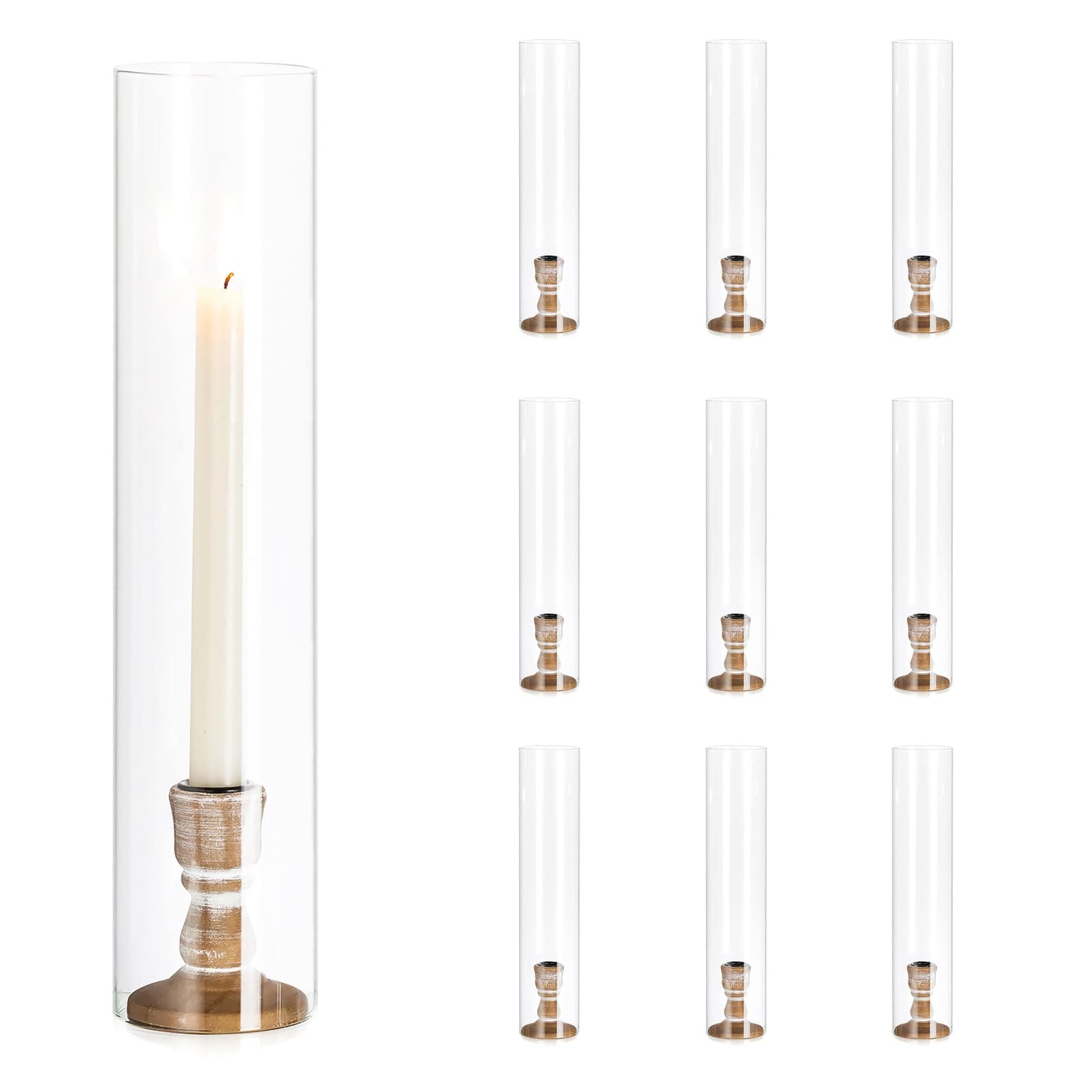 NUPTIO Wooden Taper Candle Holders - 10 Pcs Bulk Candlestick Holder 35cm Candle Stick Stands Pack Hurricane Clear Glass Tapered Candles for Wedding Christmas Table Dinner Fireplace
