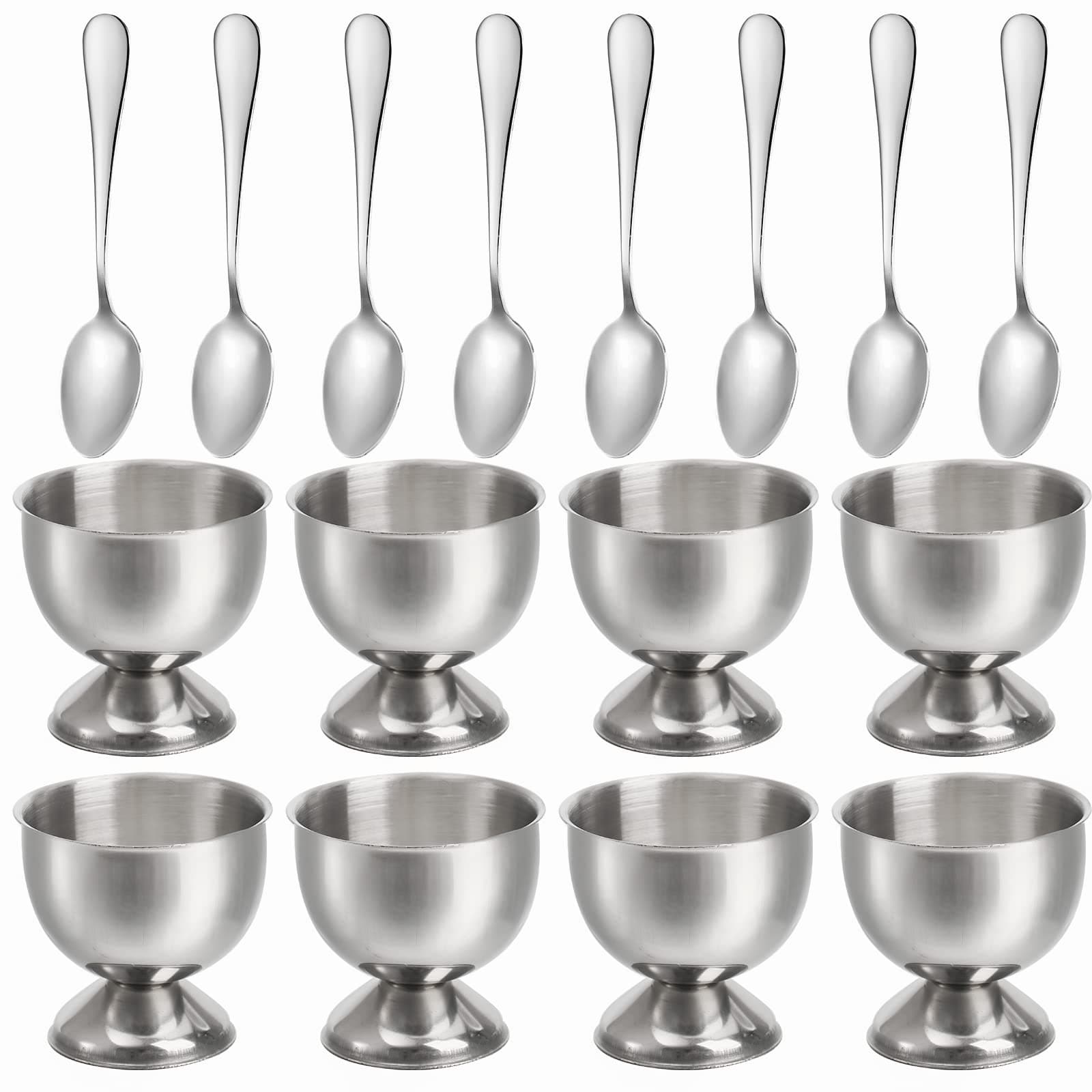 Elsjoy 8 Pack Egg Cup Holders with 8 Spoons, Stainless Steel Egg Cups Set for Soft & Hard Boiled Eggs, Kitchen Tools, Breakfast